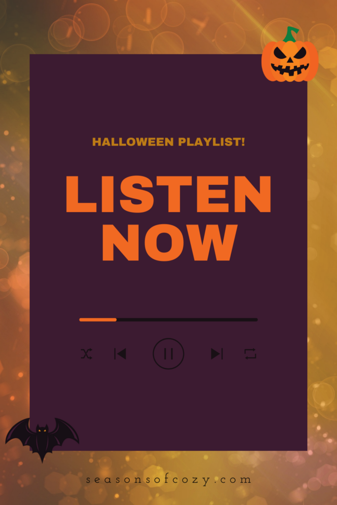 Pinnable pin with orange background that looks like a halloween party playlist with a pumpkin and bat with text overlay. Halloween playlist! Listen Now.