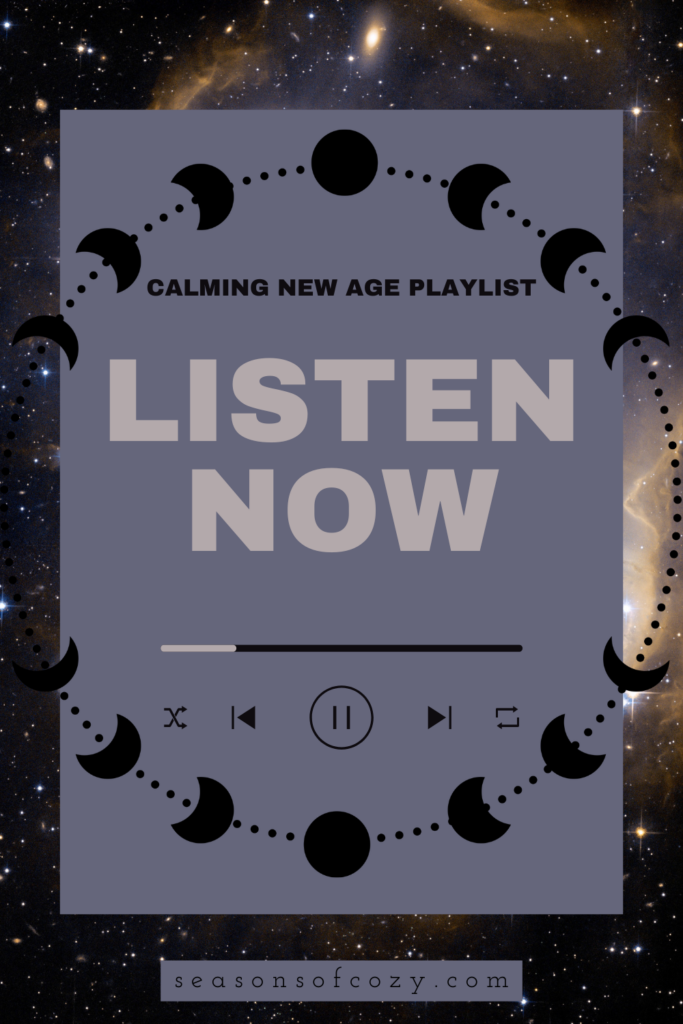 Pinnable image with text overlay. Calming New Age music Playlist listen now.